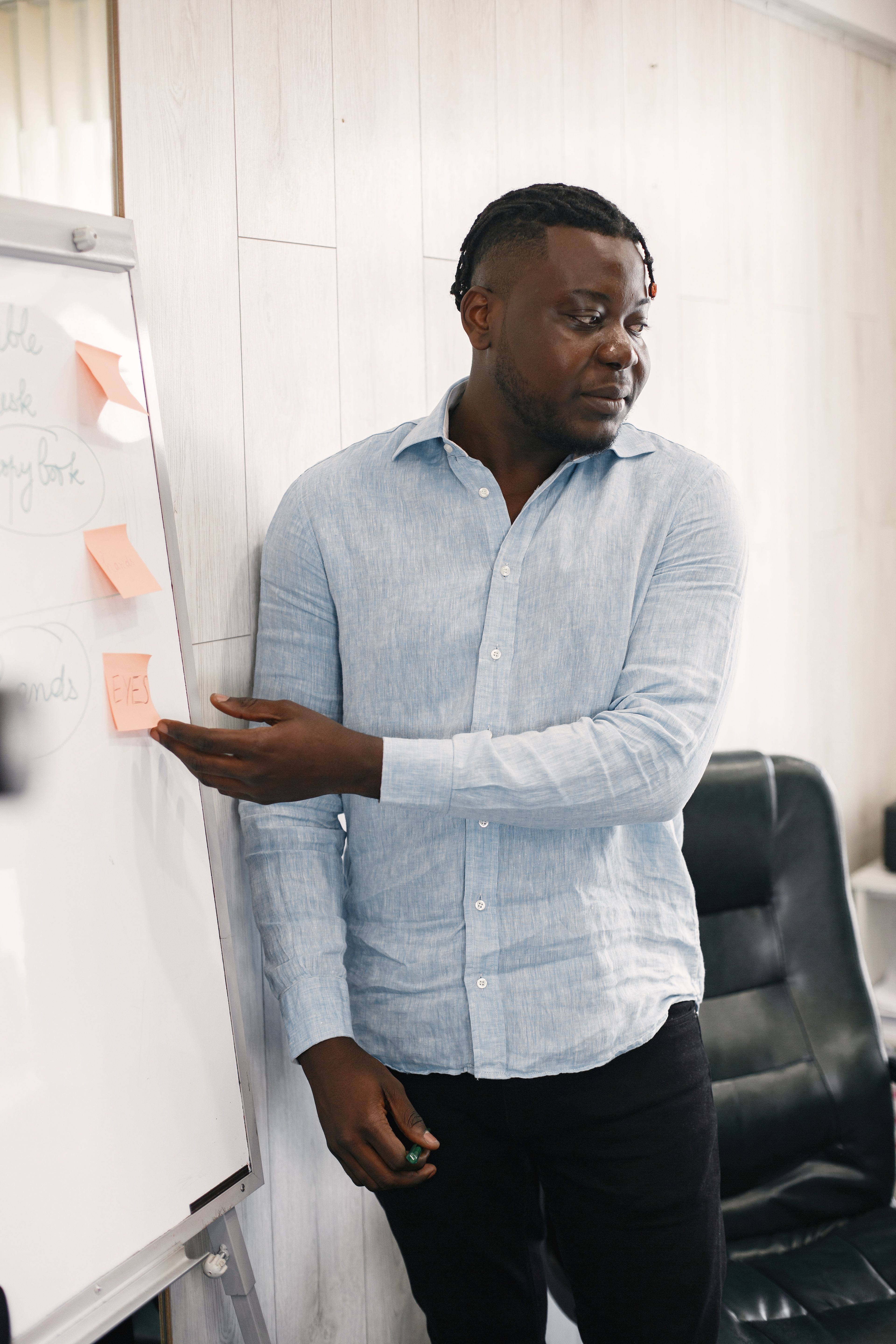 Consultant facilitating a training session at a whiteboard